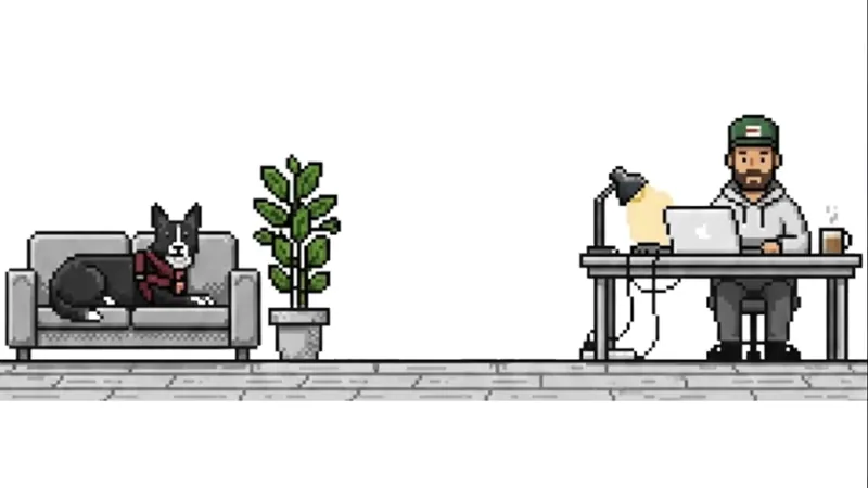 Pixelowa ilustracja Wojtka pracujacego przy biurku obok psa lezacego na kanapie